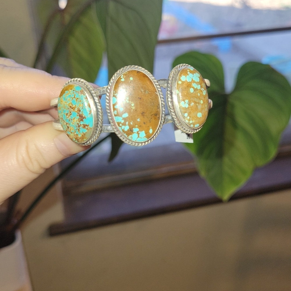 Native American Number 8 Turquoise Triple Stone Sterling Silver Cuff - Picture 5 of 5